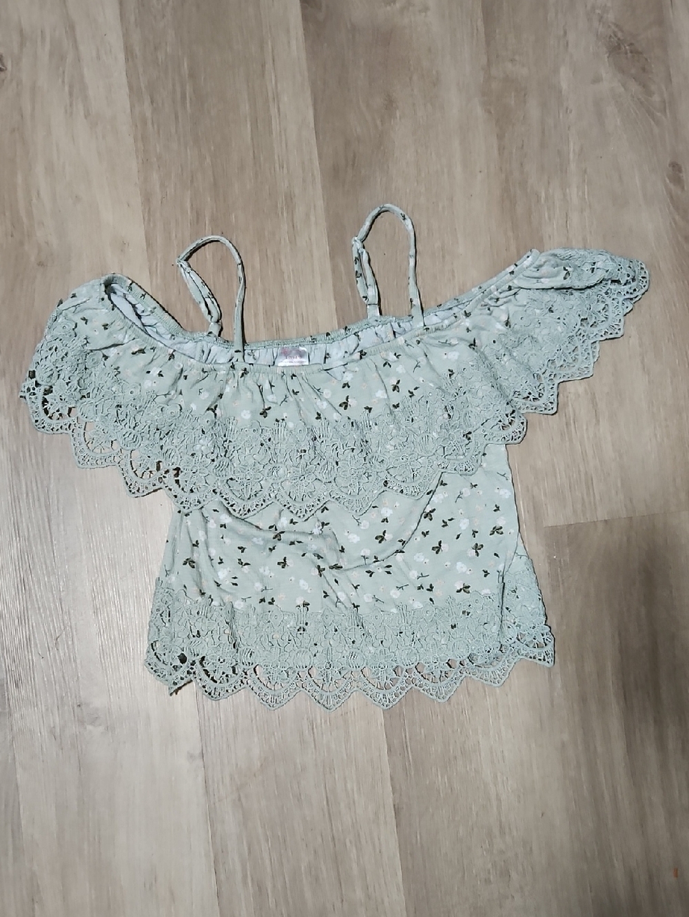 No Boundaries Mint Green Floral Off-Shoulder Cropped Camisole with Lace